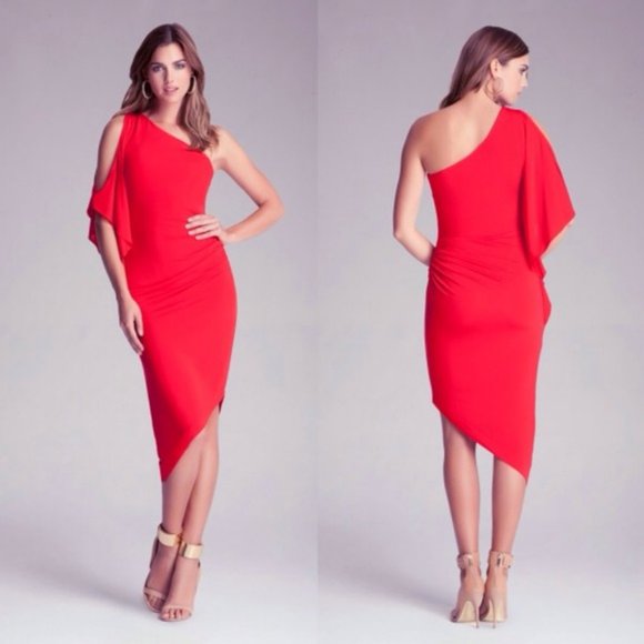 Bebe Red Asymmetric Keyhole Sleeve Hi Lo Dress - Picture 1 of 2
